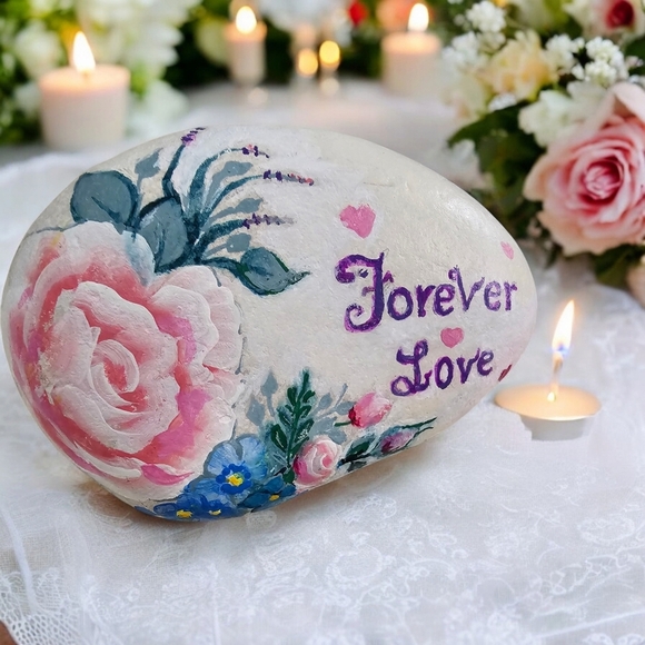 Painted LOVE river rock with rosy- peach roses, blue accent flowers, and hearts - Picture 14 of 17